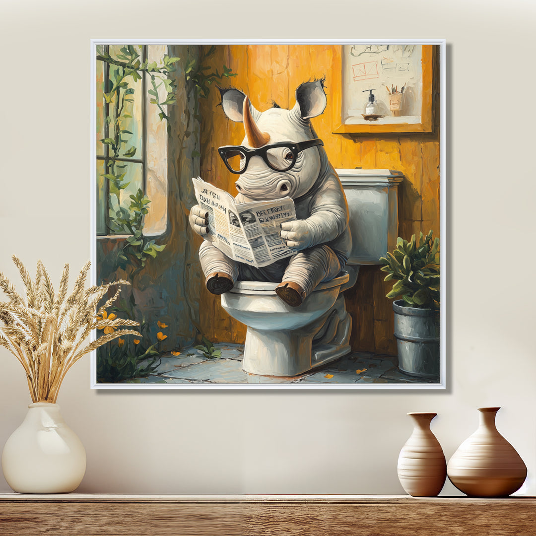 Cute Rhino Ready Newspaper On The Toilet - Rhino Canvas Wall Art