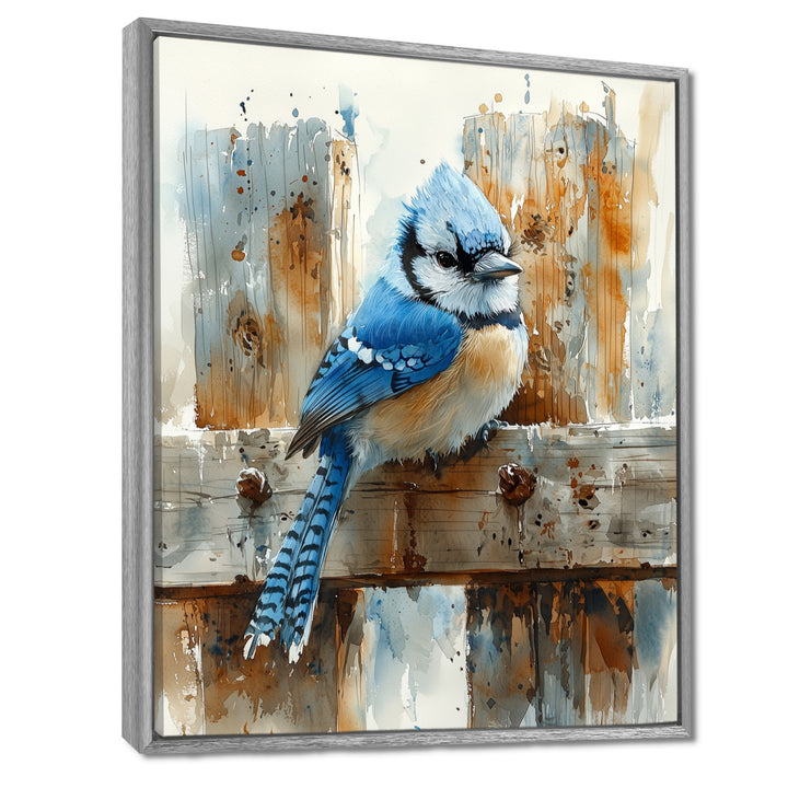 Blue Jay On The Farm Gate - Bird Framed Canvas Art