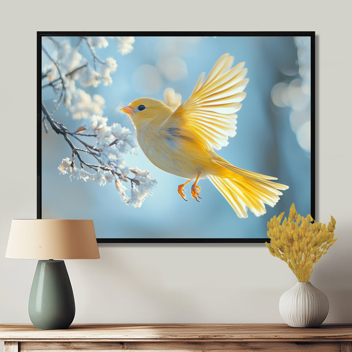 Fluffy Finch In The Forest Breeze - Bird Living Room Wall Art