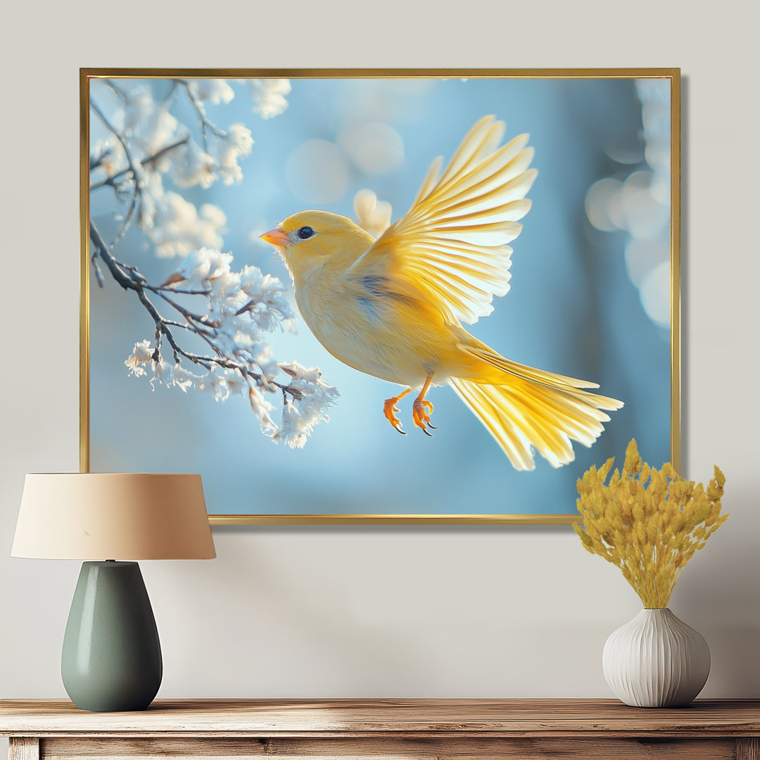 Fluffy Finch In The Forest Breeze - Bird Living Room Wall Art