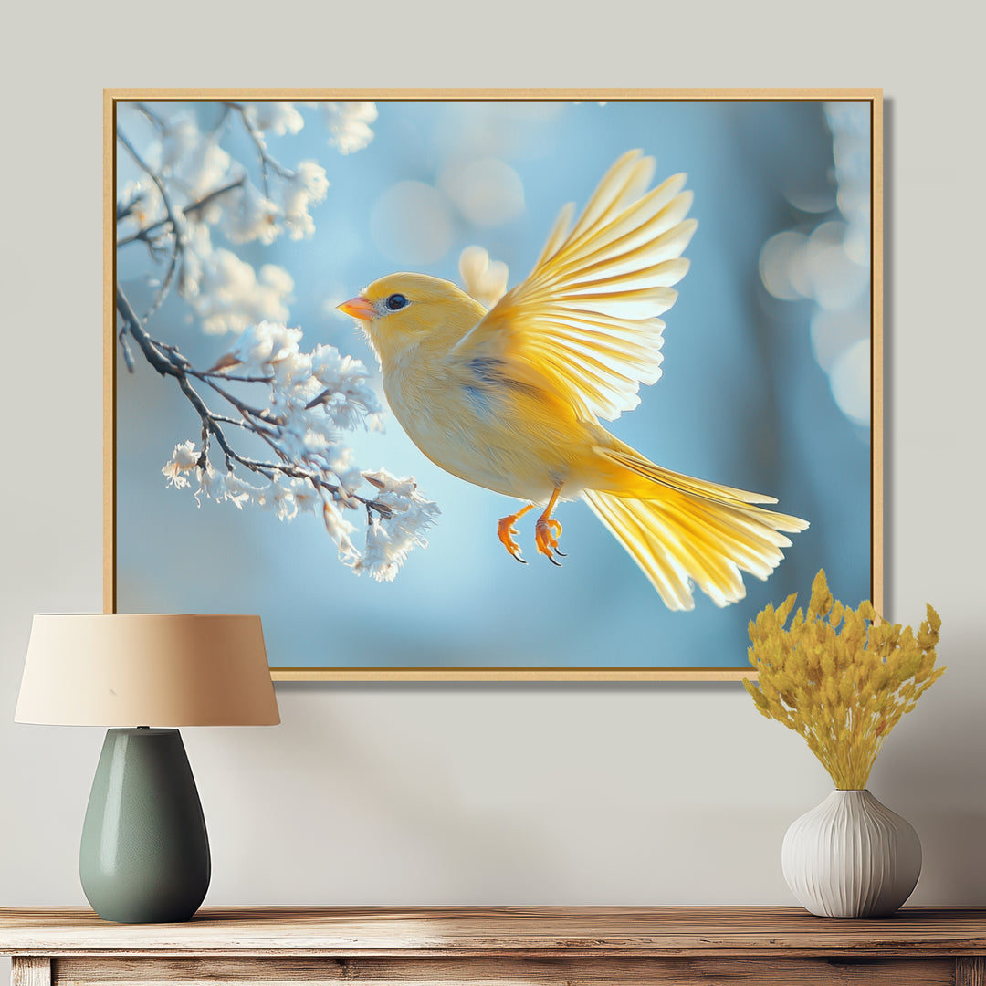 Fluffy Finch In The Forest Breeze - Bird Living Room Wall Art