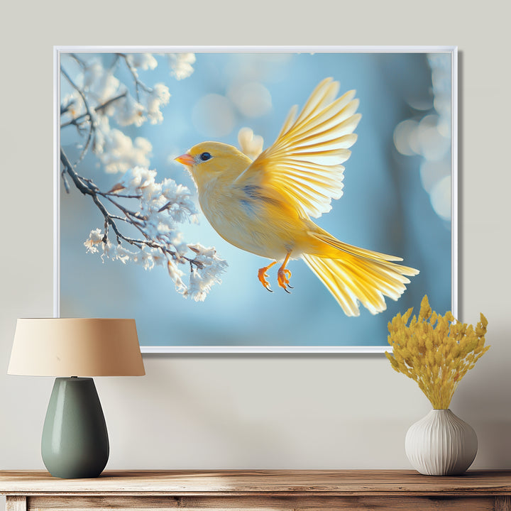 Fluffy Finch In The Forest Breeze - Bird Living Room Wall Art