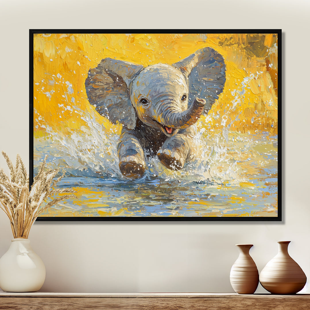 Elephant Calf Playing In The River - Elephant Bedroom Wall Art
