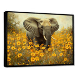 Elephant In The Flowering Grasslands - Yellow Elephant Wall Art