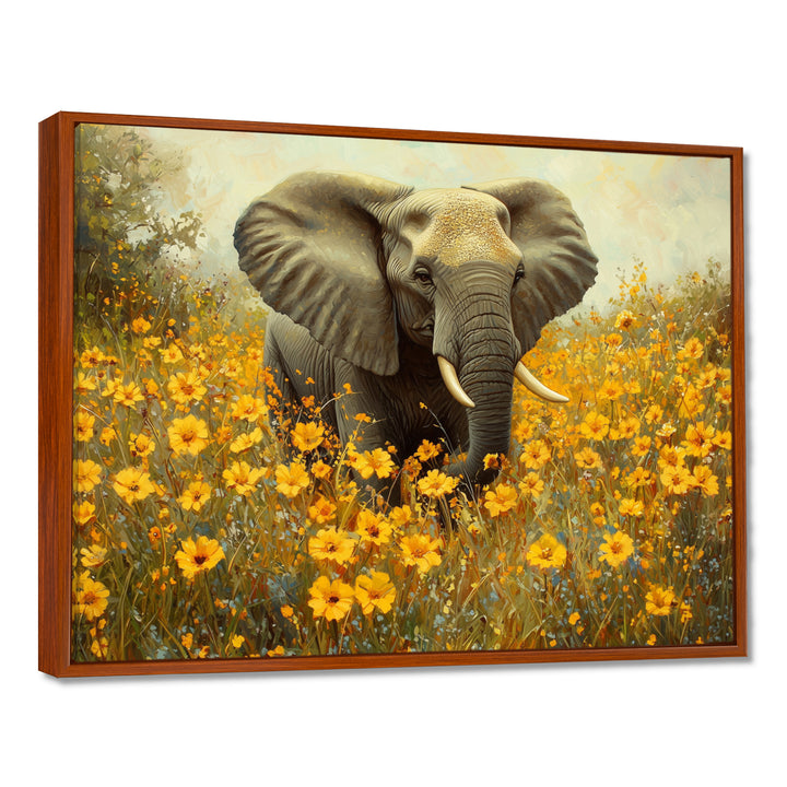 Elephant In The Flowering Grasslands - Yellow Elephant Wall Art