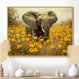 Elephant In The Flowering Grasslands - Yellow Elephant Wall Art