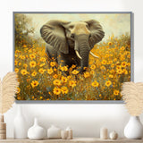 Elephant In The Flowering Grasslands - Yellow Elephant Wall Art