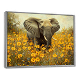 Elephant In The Flowering Grasslands - Yellow Elephant Wall Art