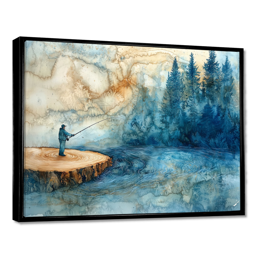 Wood Slide Fishing Into The Winter River - Hunting &amp; Fishing Canvas Wall Art
