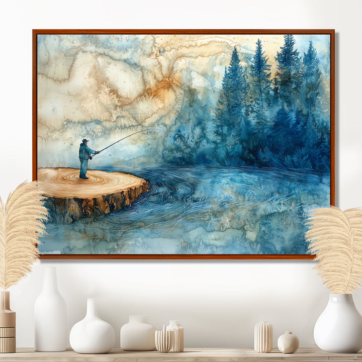 Wood Slide Fishing Into The Winter River - Hunting &amp; Fishing Canvas Wall Art