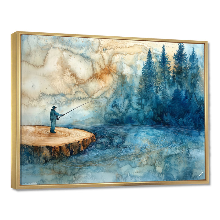 Wood Slide Fishing Into The Winter River - Hunting &amp; Fishing Canvas Wall Art