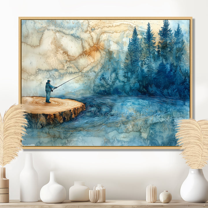 Wood Slide Fishing Into The Winter River - Hunting &amp; Fishing Canvas Wall Art