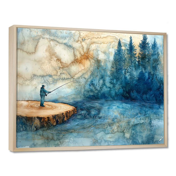 Wood Slide Fishing Into The Winter River - Hunting &amp; Fishing Canvas Wall Art