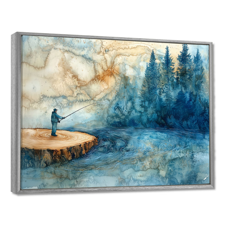 Wood Slide Fishing Into The Winter River - Hunting &amp; Fishing Canvas Wall Art