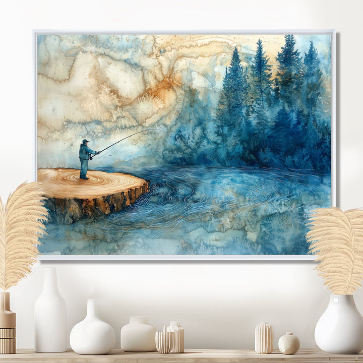 Wood Slide Fishing Into The Winter River - Hunting &amp; Fishing Canvas Wall Art