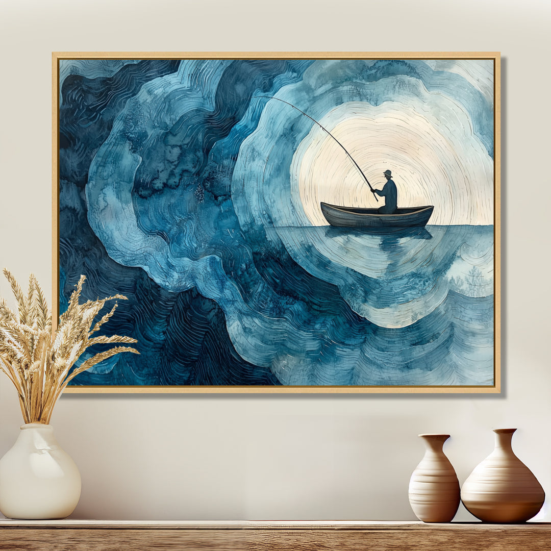 Fishing Horizon Wooden Slide Landscape - Boat Fishing Wall Art Canvas Wall Art