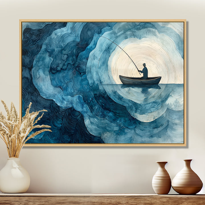 Fishing Horizon Wooden Slide Landscape - Boat Fishing Wall Art Canvas Wall Art