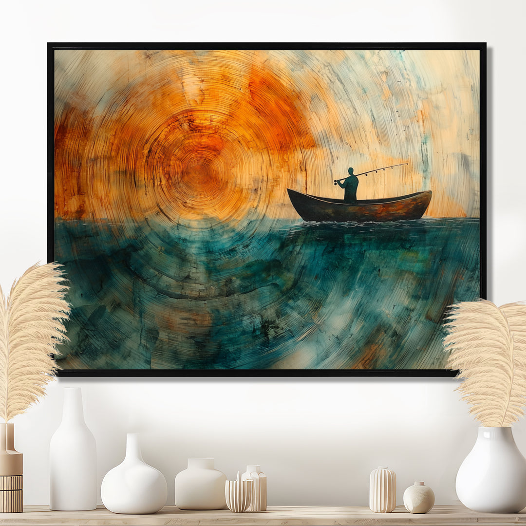 Fishing Tranquility Wooden Slide Landscape I - Boat Fishing Wall Art Canvas Wall Art