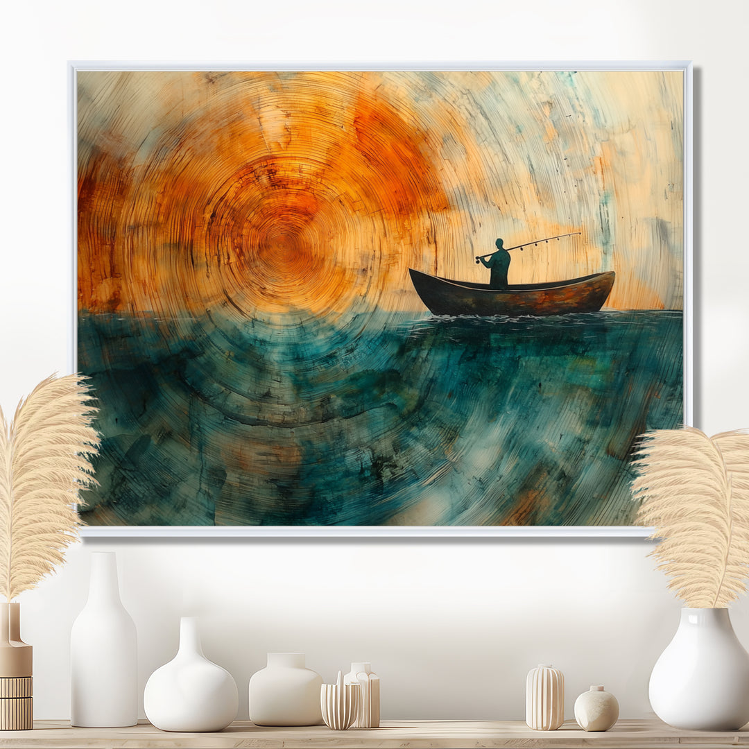 Fishing Tranquility Wooden Slide Landscape I - Boat Fishing Wall Art Canvas Wall Art