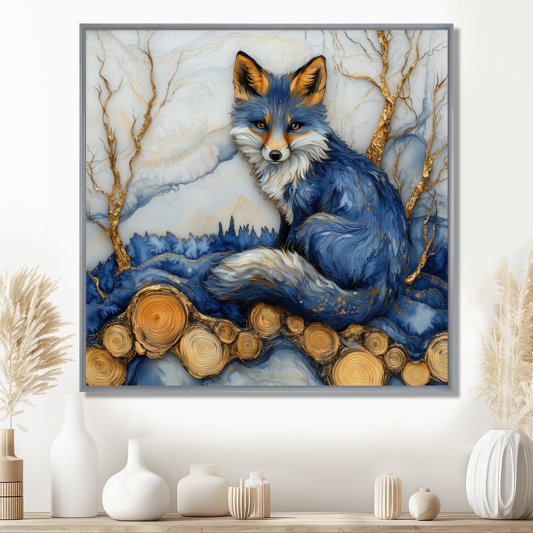 Night Fox By The Lake Landscape - Blue Fox Wall Art