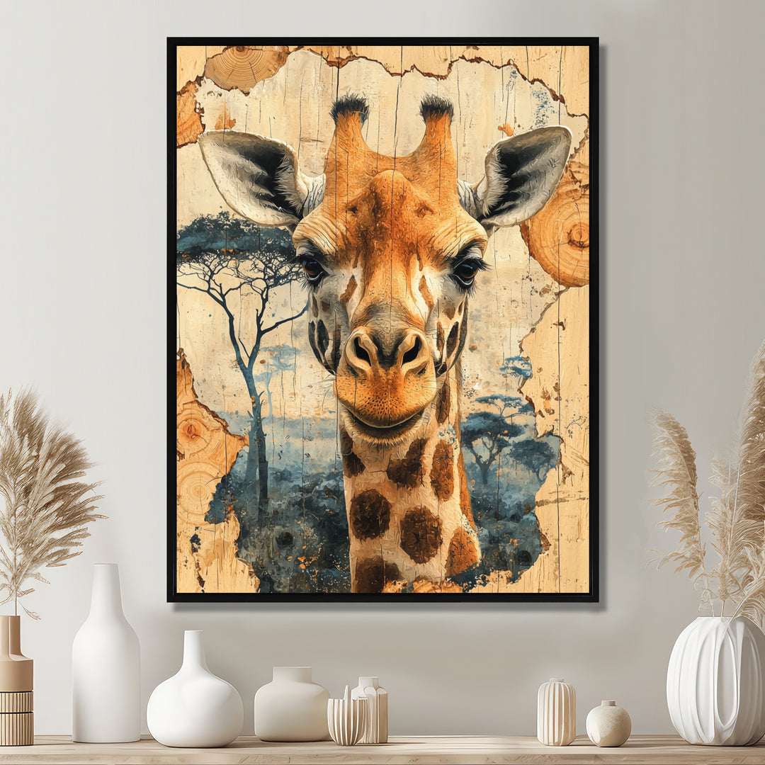 Vintage Giraffe Portrait In African Landscape - Giraffe Bedroom Wall Art