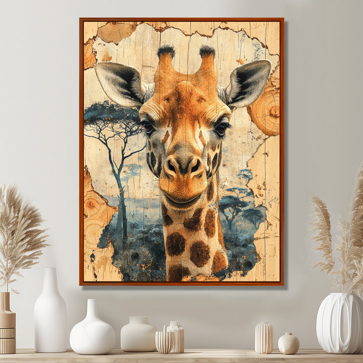 Vintage Giraffe Portrait In African Landscape - Giraffe Bedroom Wall Art