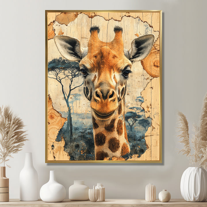 Vintage Giraffe Portrait In African Landscape - Giraffe Bedroom Wall Art