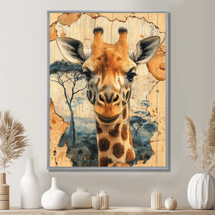 Vintage Giraffe Portrait In African Landscape - Giraffe Bedroom Wall Art