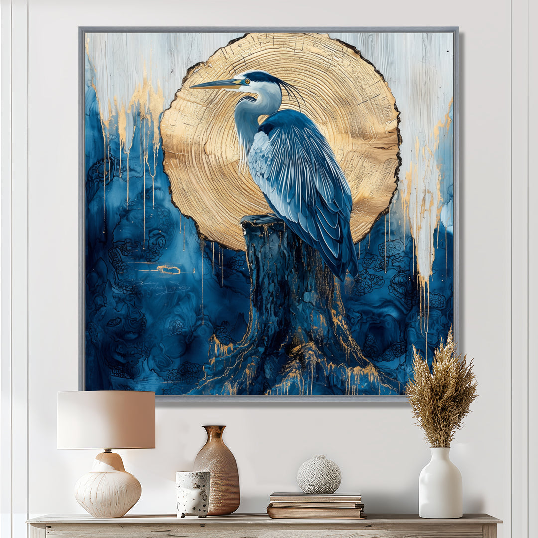 Heron In Golden Moon Chinese Ink Landscape - Heron Bedroom Wall Art