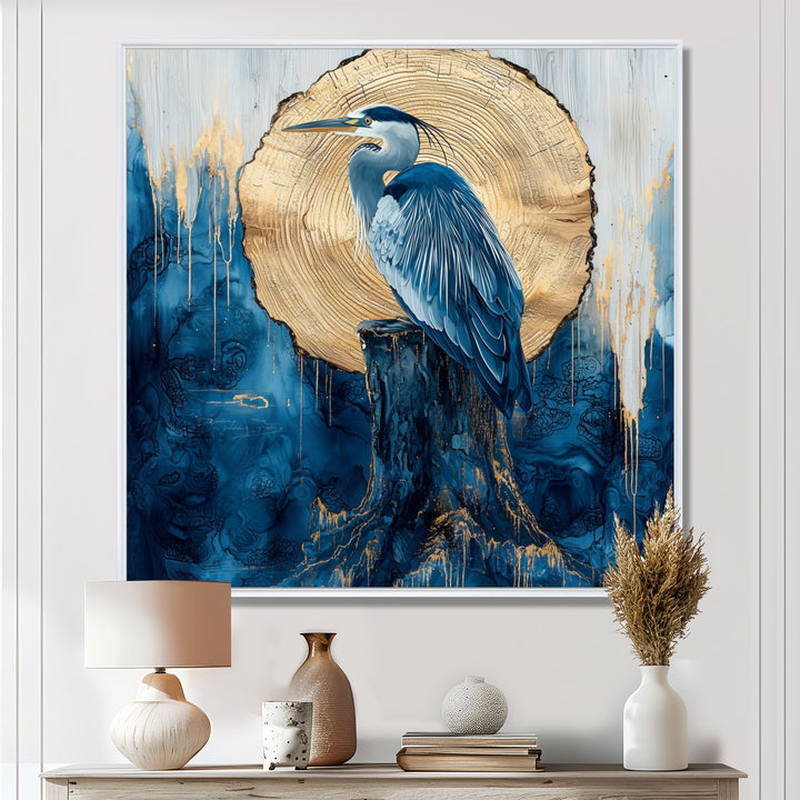 Heron In Golden Moon Chinese Ink Landscape - Heron Bedroom Wall Art