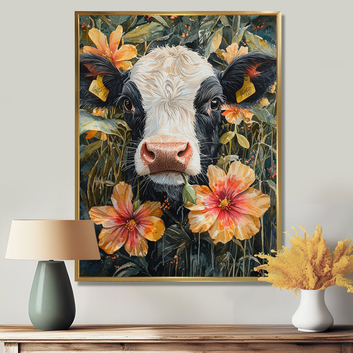 Cow Painting With Hibiscus - Cow Wall Decor