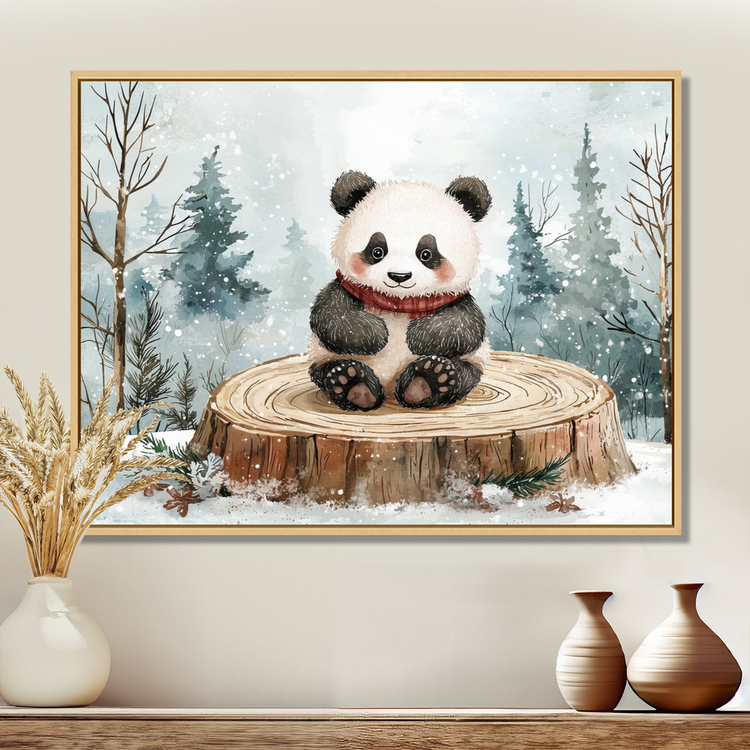 Cute Panda In Winter Landscape - Panda Home Decor Art