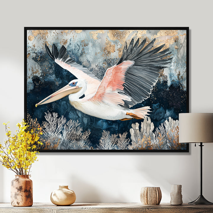 Pelican Flying Above Ocean Landscape - Pelican Wall Art Prints