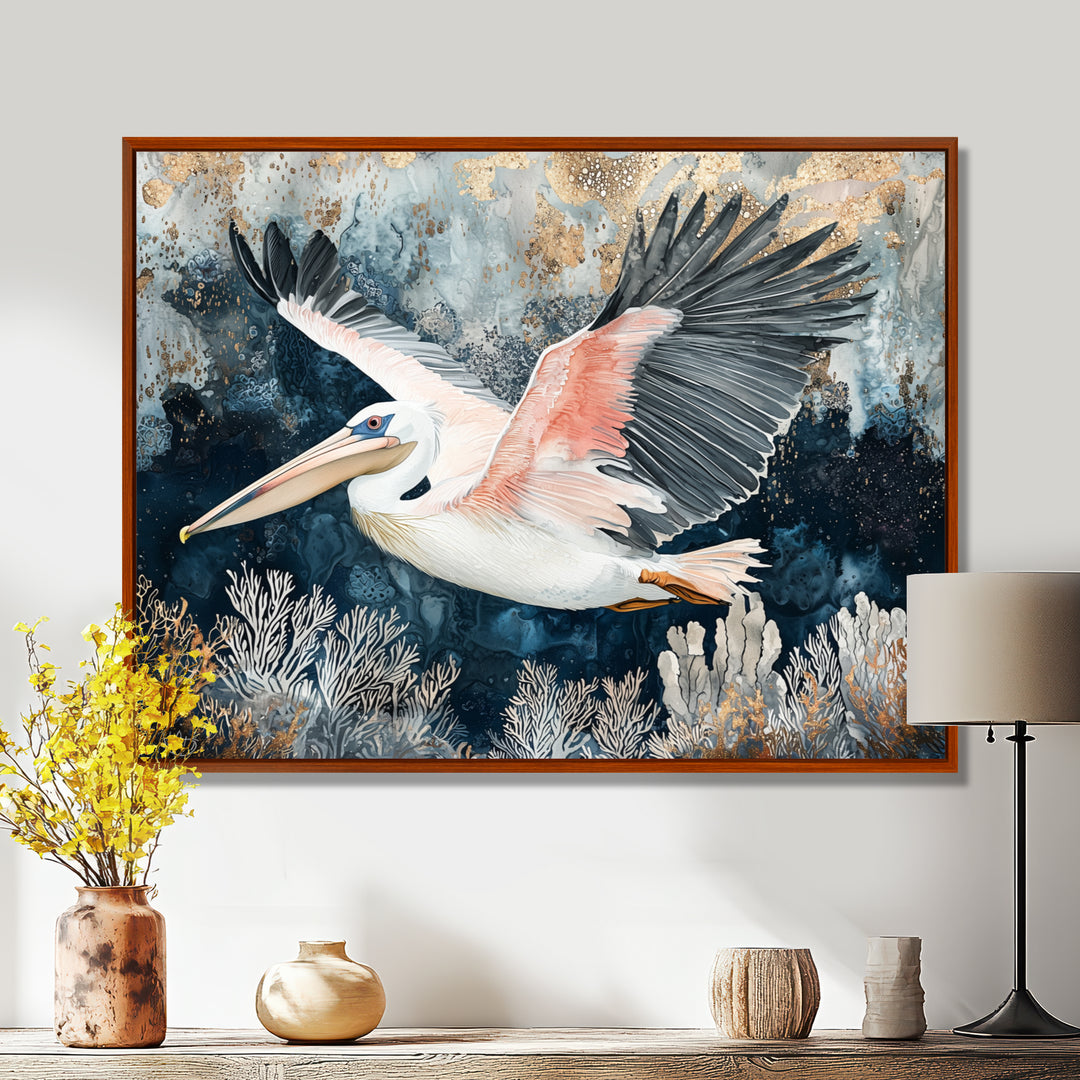 Pelican Flying Above Ocean Landscape - Pelican Wall Art Prints