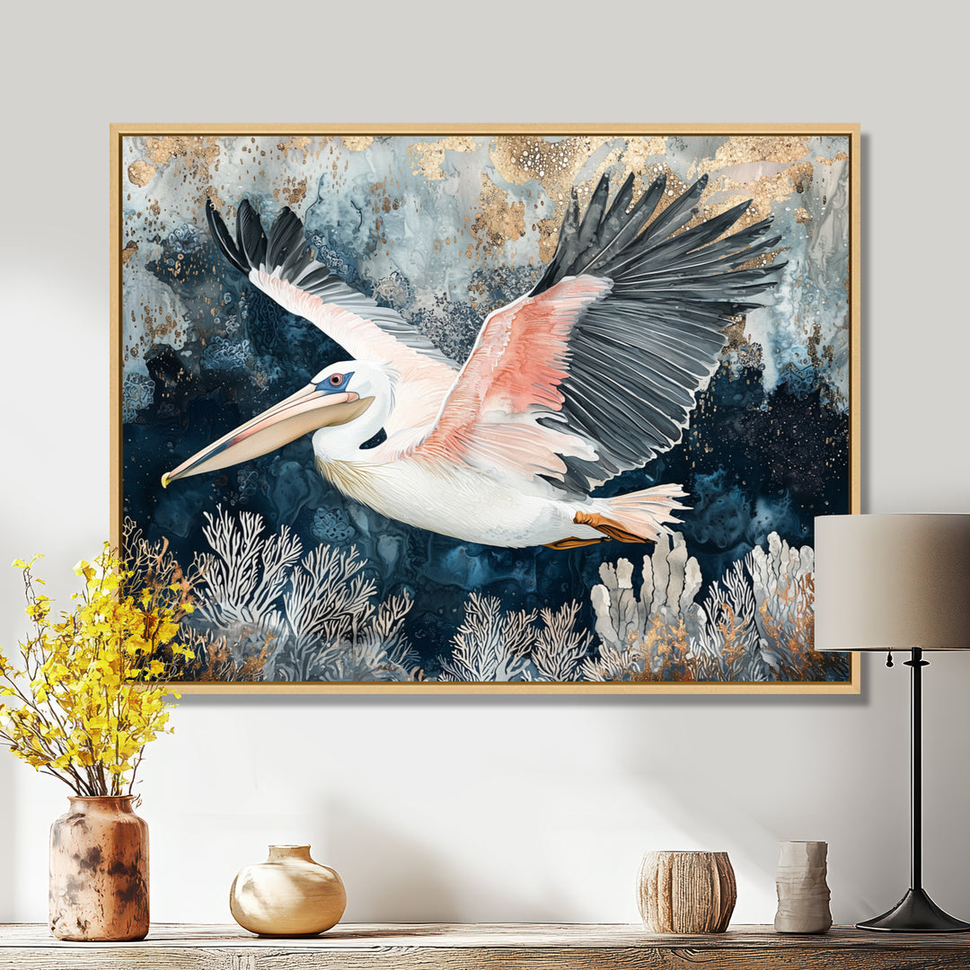 Pelican Flying Above Ocean Landscape - Pelican Wall Art Prints