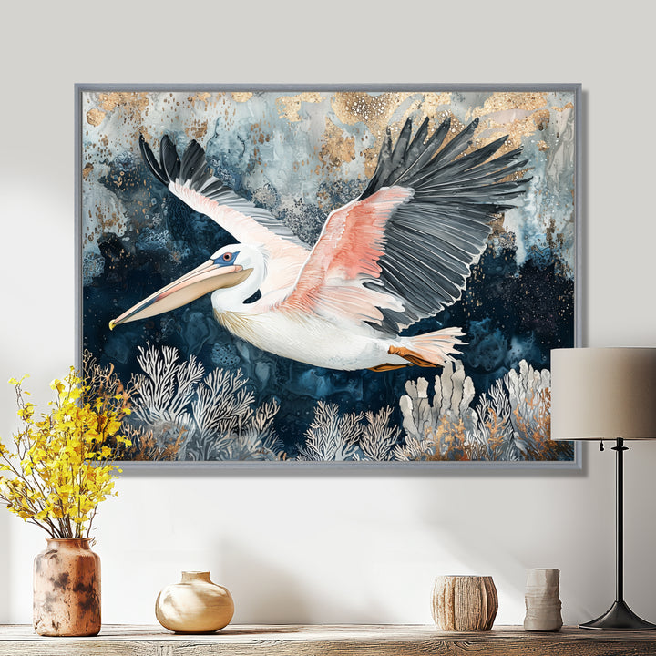 Pelican Flying Above Ocean Landscape - Pelican Wall Art Prints