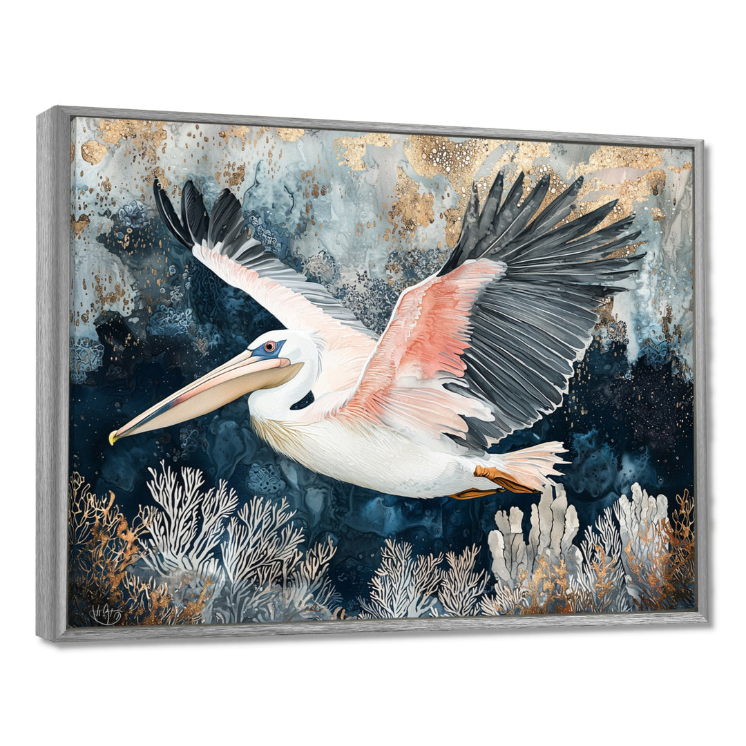 Pelican Flying Above Ocean Landscape - Pelican Wall Art Prints