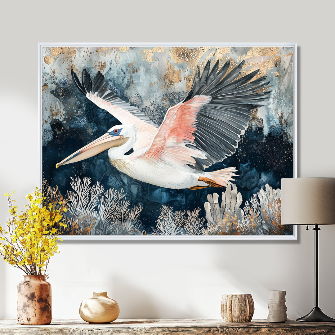Pelican Flying Above Ocean Landscape - Pelican Wall Art Prints
