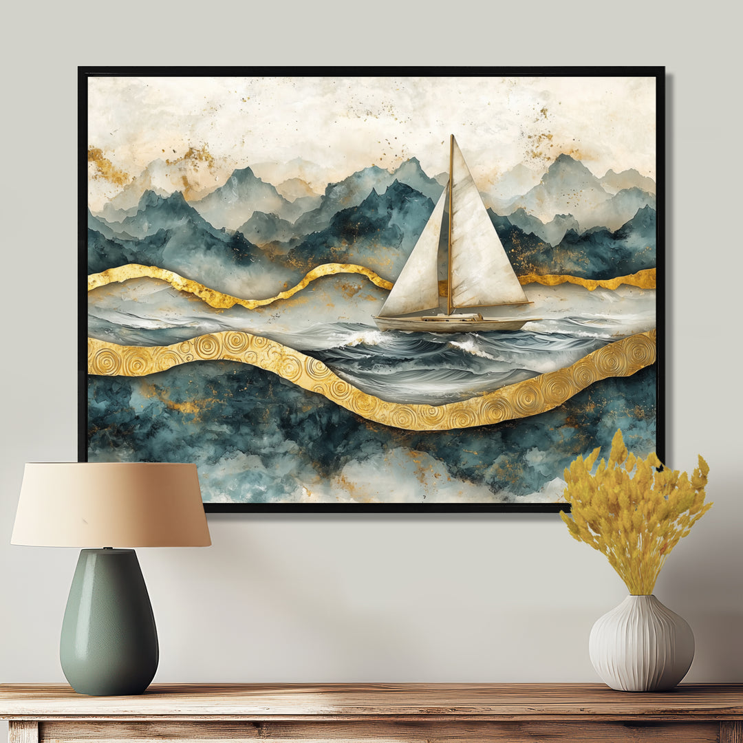Golden Sailboat On Emerald Ocean I - Boat Wall Art Canvas Wall Art