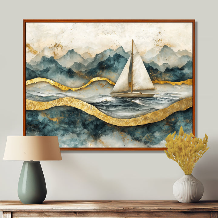 Golden Sailboat On Emerald Ocean I - Boat Wall Art Canvas Wall Art