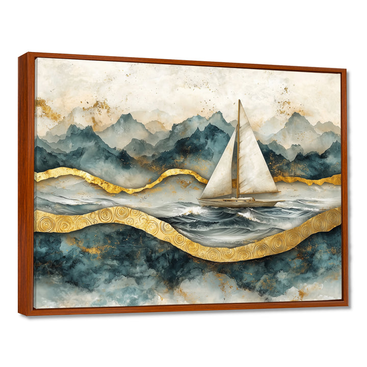 Golden Sailboat On Emerald Ocean I - Boat Wall Art Canvas Wall Art