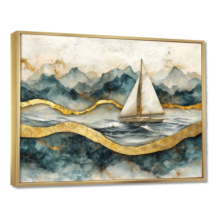 Golden Sailboat On Emerald Ocean I - Boat Wall Art Canvas Wall Art
