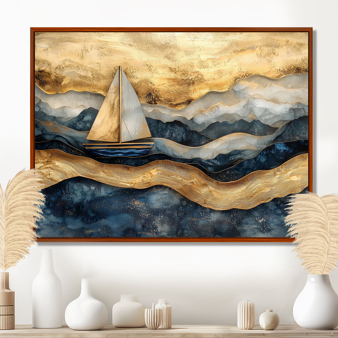 Golden Sailboat On Costal Safire Horizon I - Boat Wall Art Canvas Wall Art