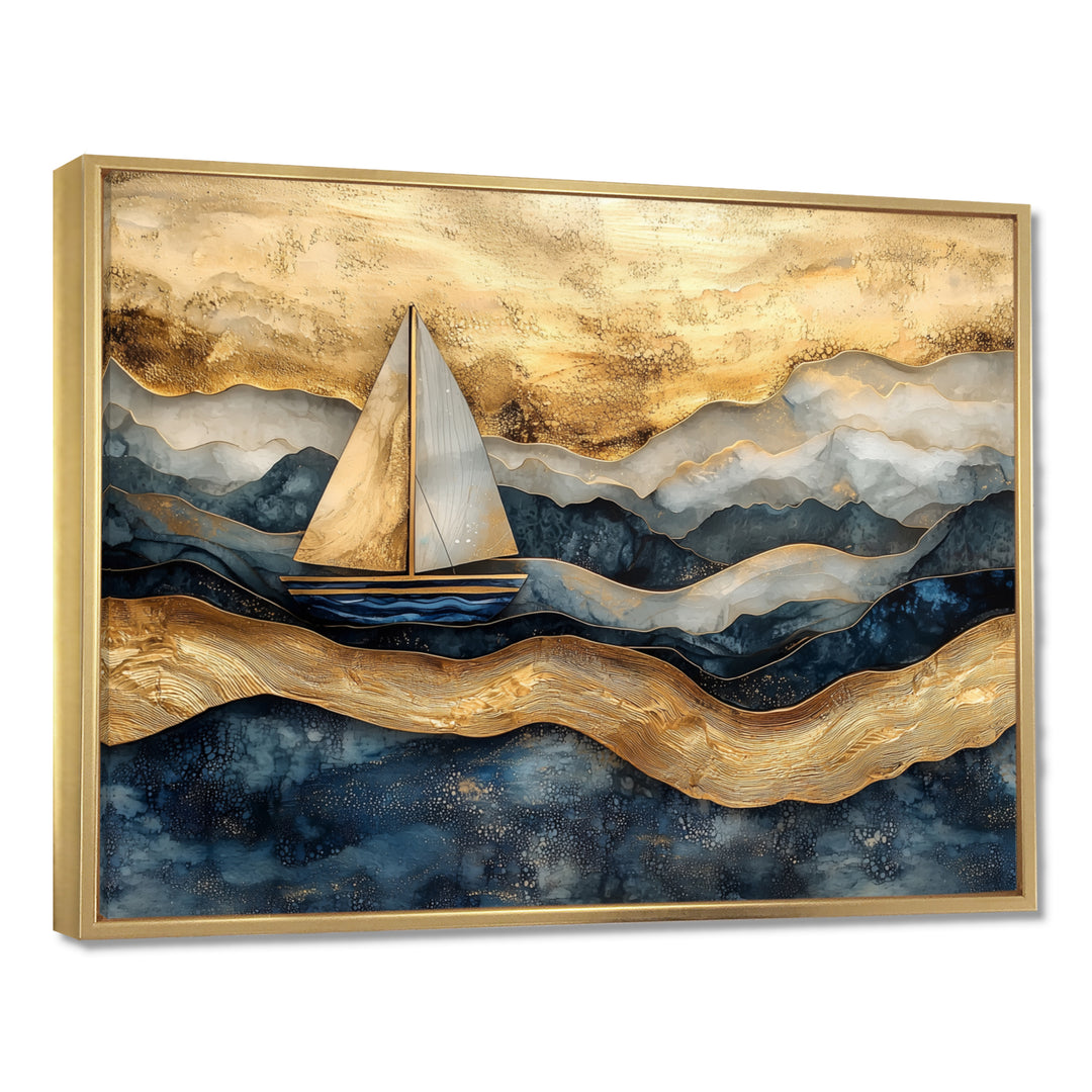 Golden Sailboat On Costal Safire Horizon I - Boat Wall Art Canvas Wall Art