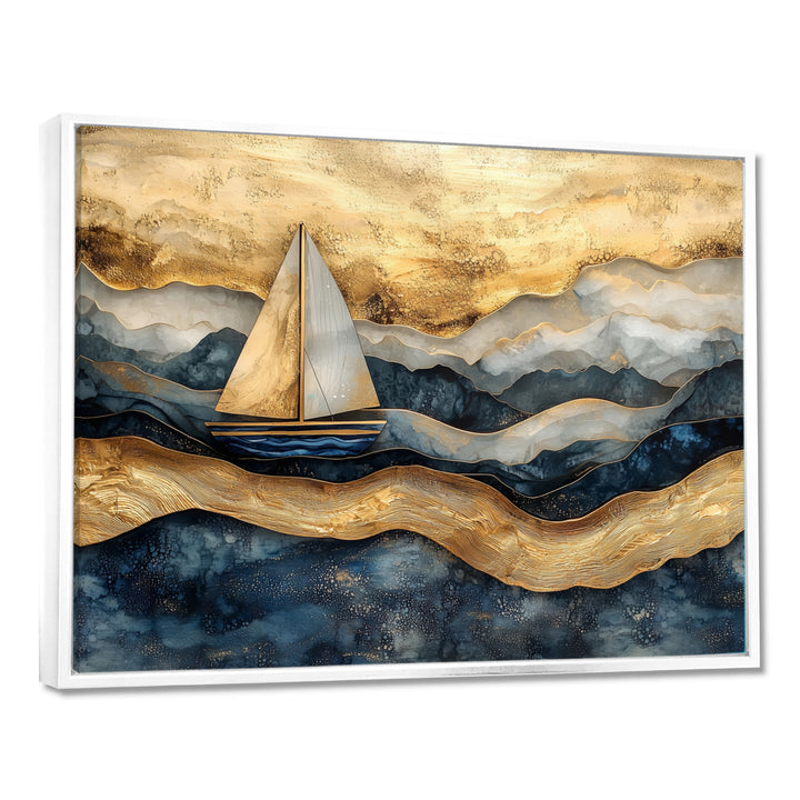 Golden Sailboat On Costal Safire Horizon I - Boat Wall Art Canvas Wall Art