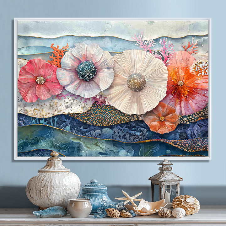 Colorful Sea Urchin And Flower Serenade - Sea Urchin Canvas Wall Art
