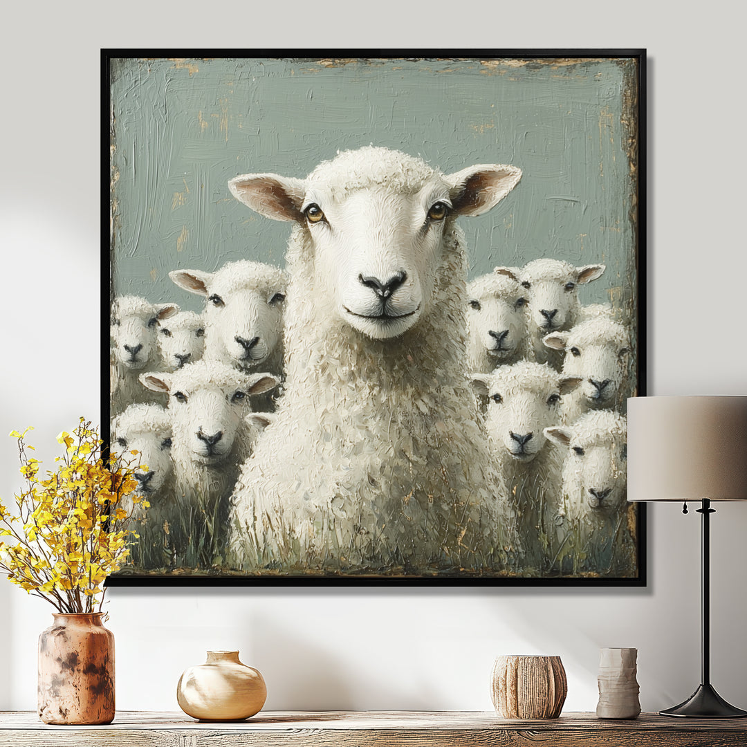 Minimalism Ewes Gaze Of Sheep Family Portrait - Sheep Canvas Wall Art