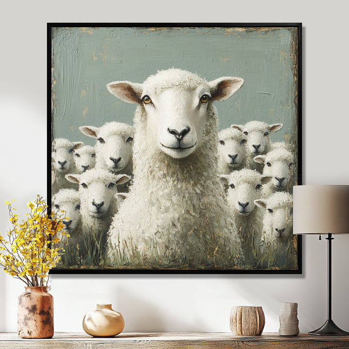 Minimalism Ewes Gaze Of Sheep Family Portrait - Sheep Canvas Wall Art
