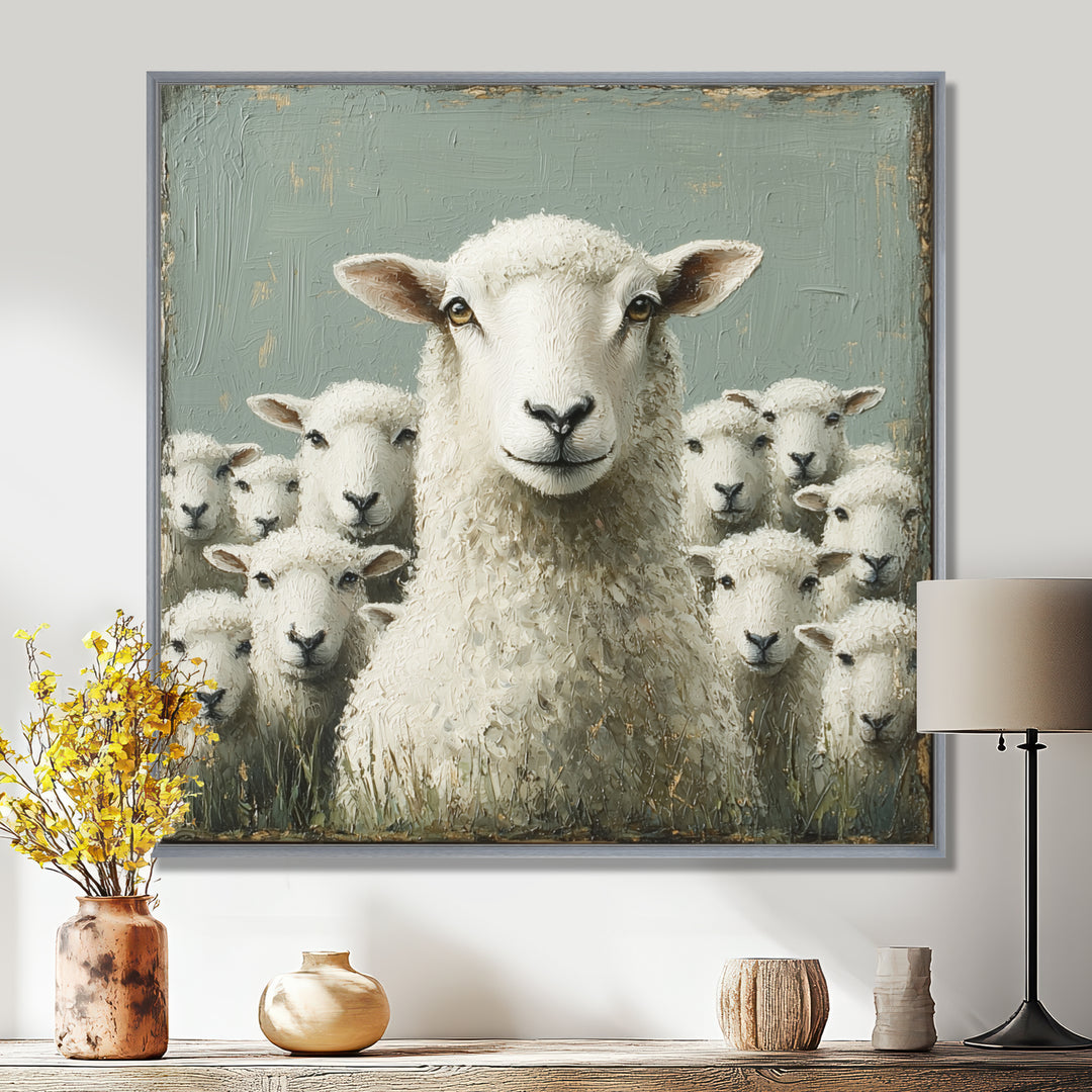 Minimalism Ewes Gaze Of Sheep Family Portrait - Sheep Canvas Wall Art