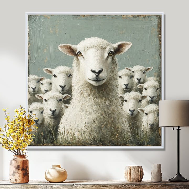 Minimalism Ewes Gaze Of Sheep Family Portrait - Sheep Canvas Wall Art